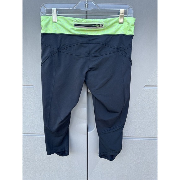 Lululemon Run Pace Crop Pant Sz 8 Running Capris Black/neon Green Pink polka Dot - Picture 5 of 11